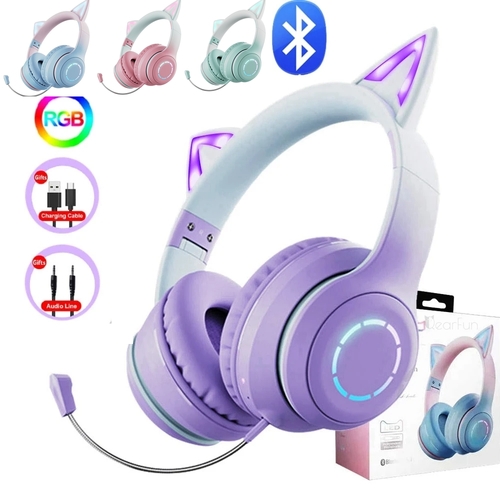 Cat Ear Wireless Headphone Bluetooth 5.3 Foldable Headphones with Mic LED Light Up for Gaming PC, Phone, for Kids & Adults